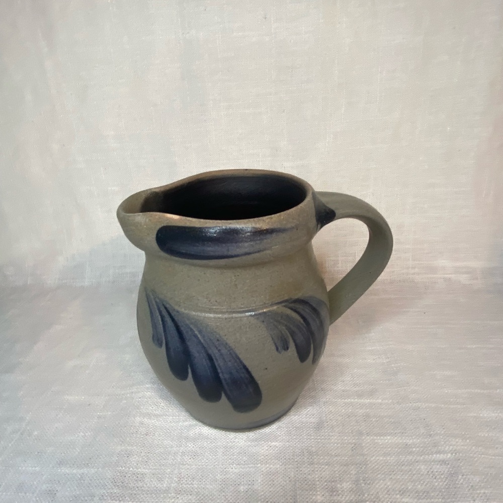 Rowe Pottery Works Salt Glaze Stoneware Pitcher 4” x 4.5” Cobalt Blue Gray